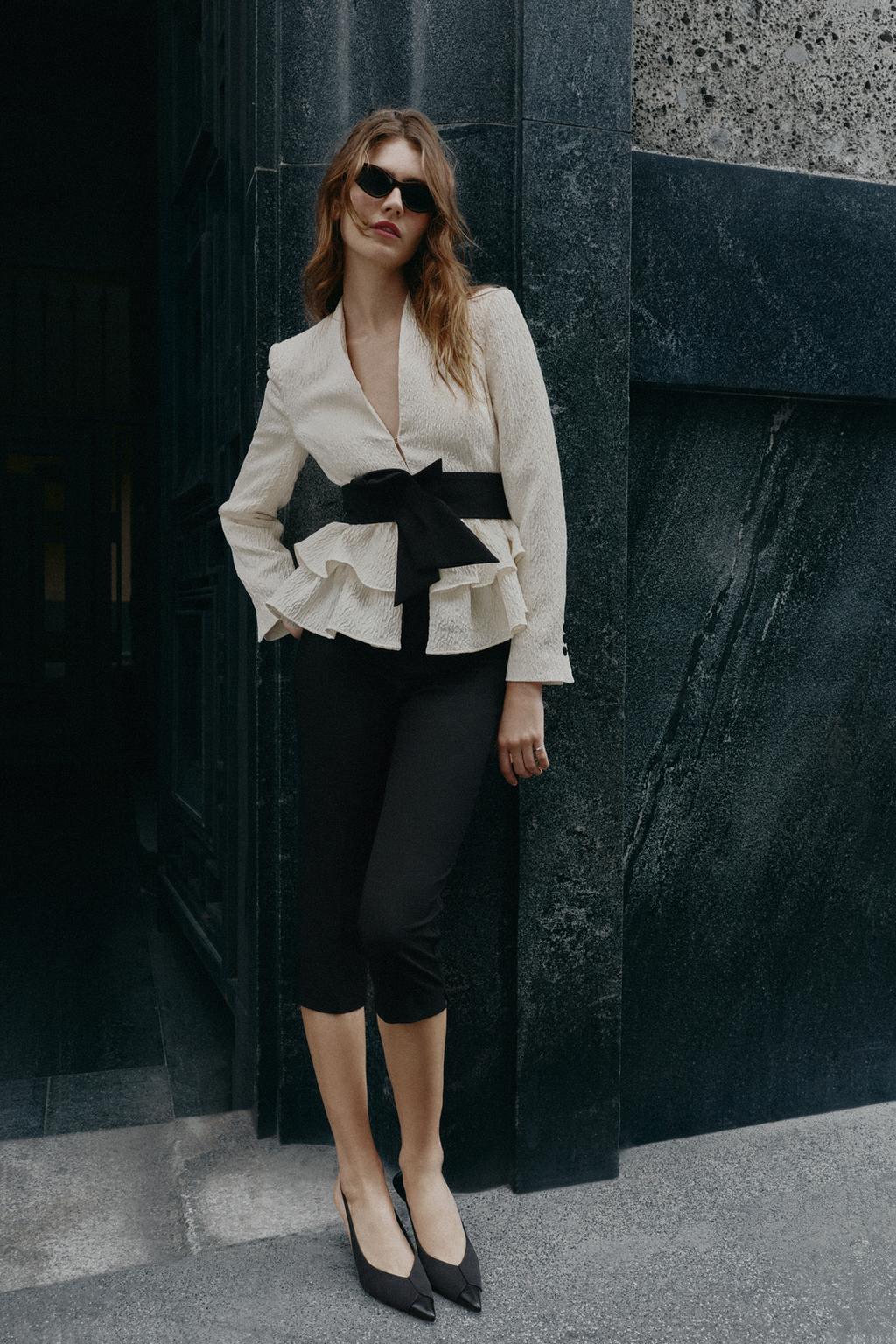 SUEDETTE BELTED BLAZER WITH RUFFLES