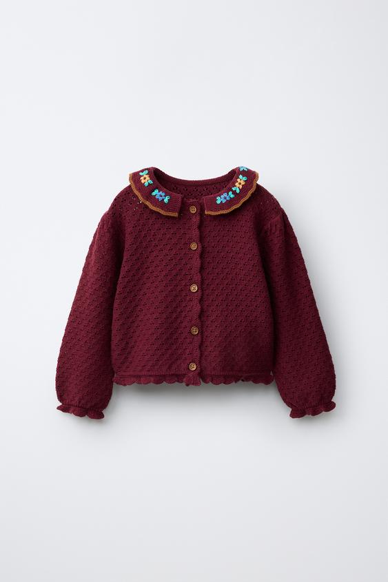 Zara 棉麻混紡刺繡針織開襟衫 - 深棗紅色 - 圖片 0