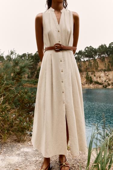 ROBE MIDI AVEC CEINTURE EN LIN - Beige clair de Zara - Image 1