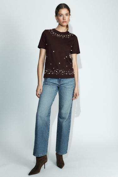 Zara SHORT SLEEVE PEARL T-SHIRT - Brown