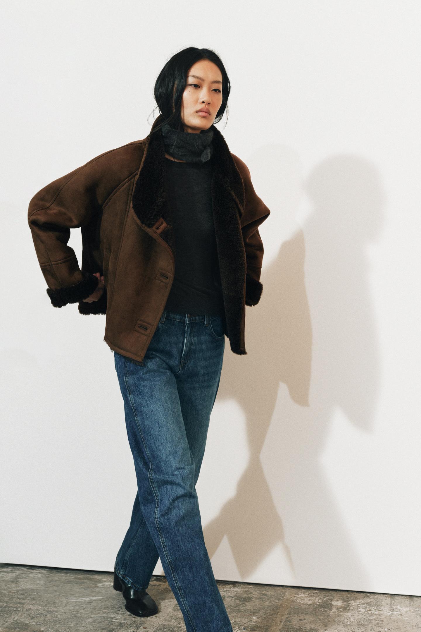 Женская куртка Zara ZW Collection Combined Faux Fur Effect, цвет: Коричневый — фото 6