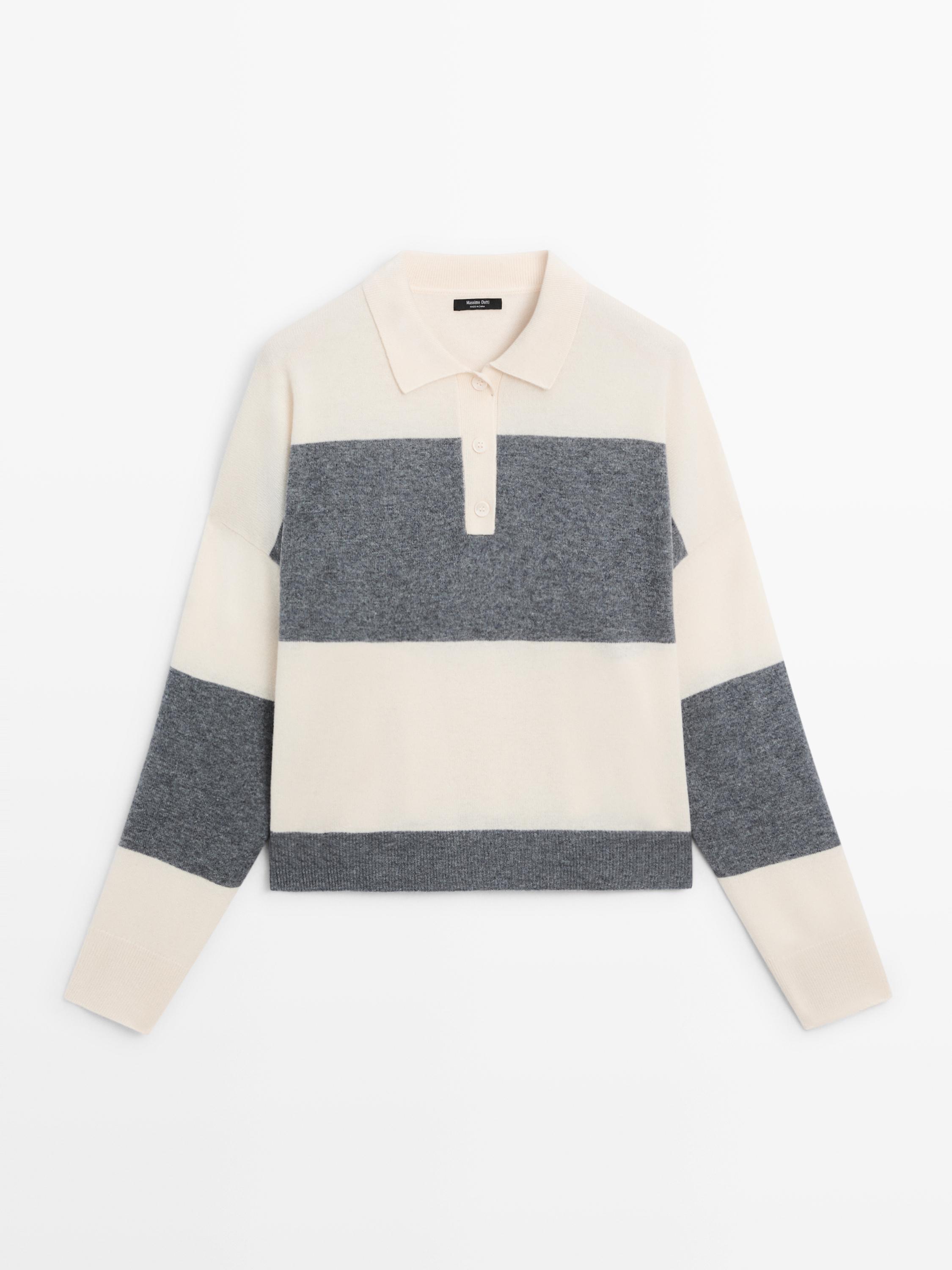 Striped knit sweater with polo collar