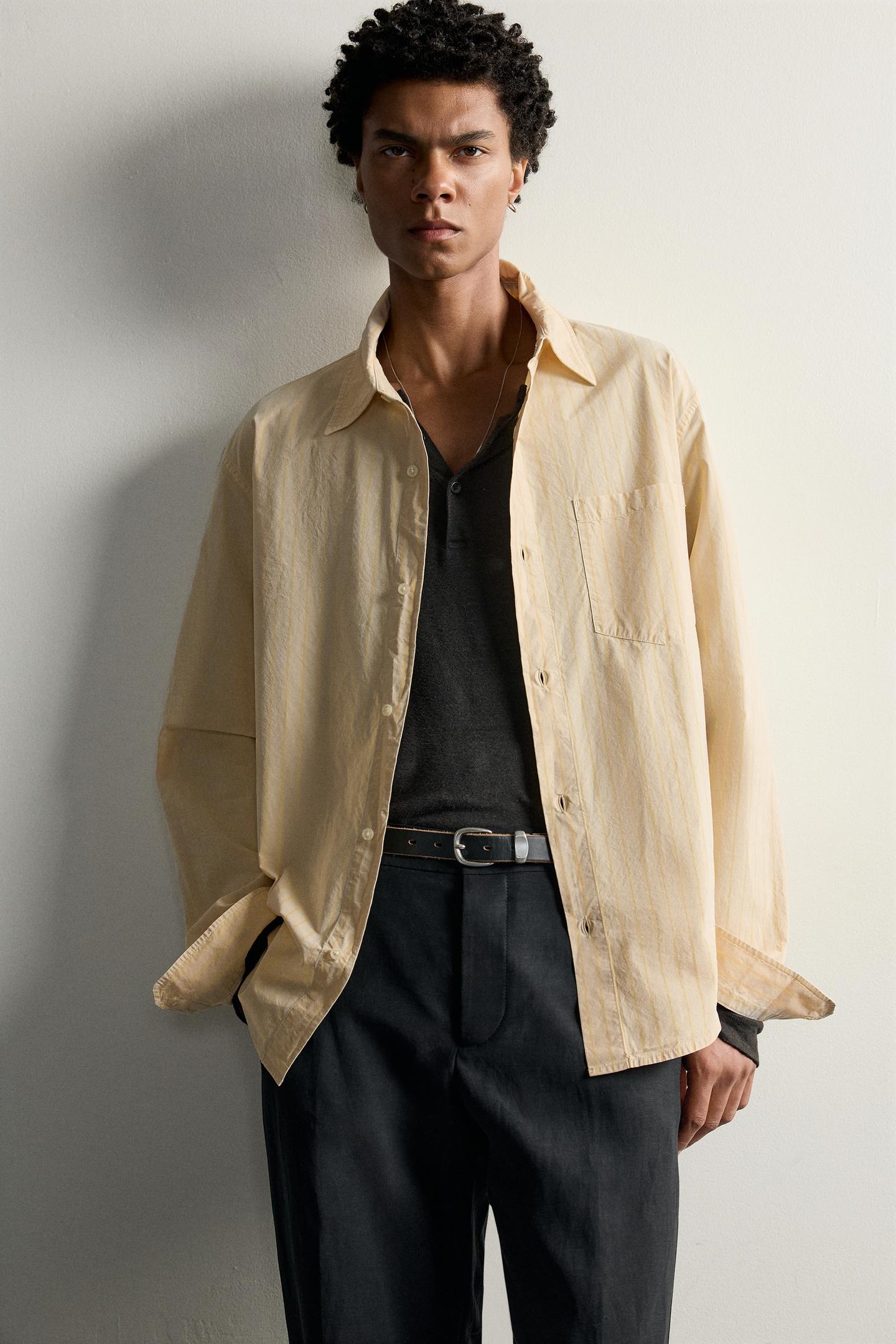 Мужская рубашка Zara Relaxed Fit Striped, цвет: Светлый жёлтый — фото 5