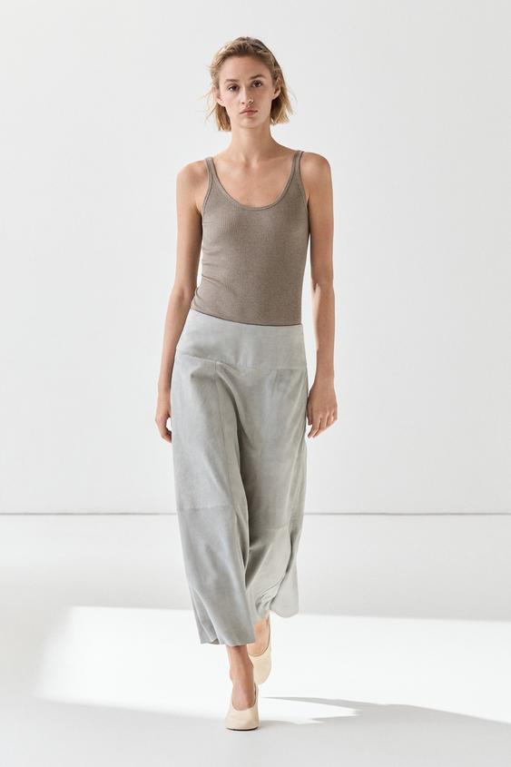 Zara Suede flared midi skirt with sash - Blue gray - Image 0