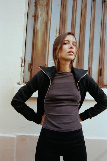 Zara PLUSH ZIP-UP JACKET - Black