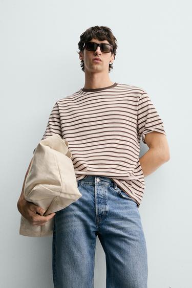 CONTRAST STRIPED JACQUARD T-SHIRT - Brown by Zara - Image 5