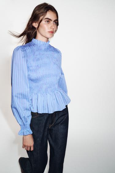 Zara SMOCKED STRIPED SHIRT - Ecru / Red