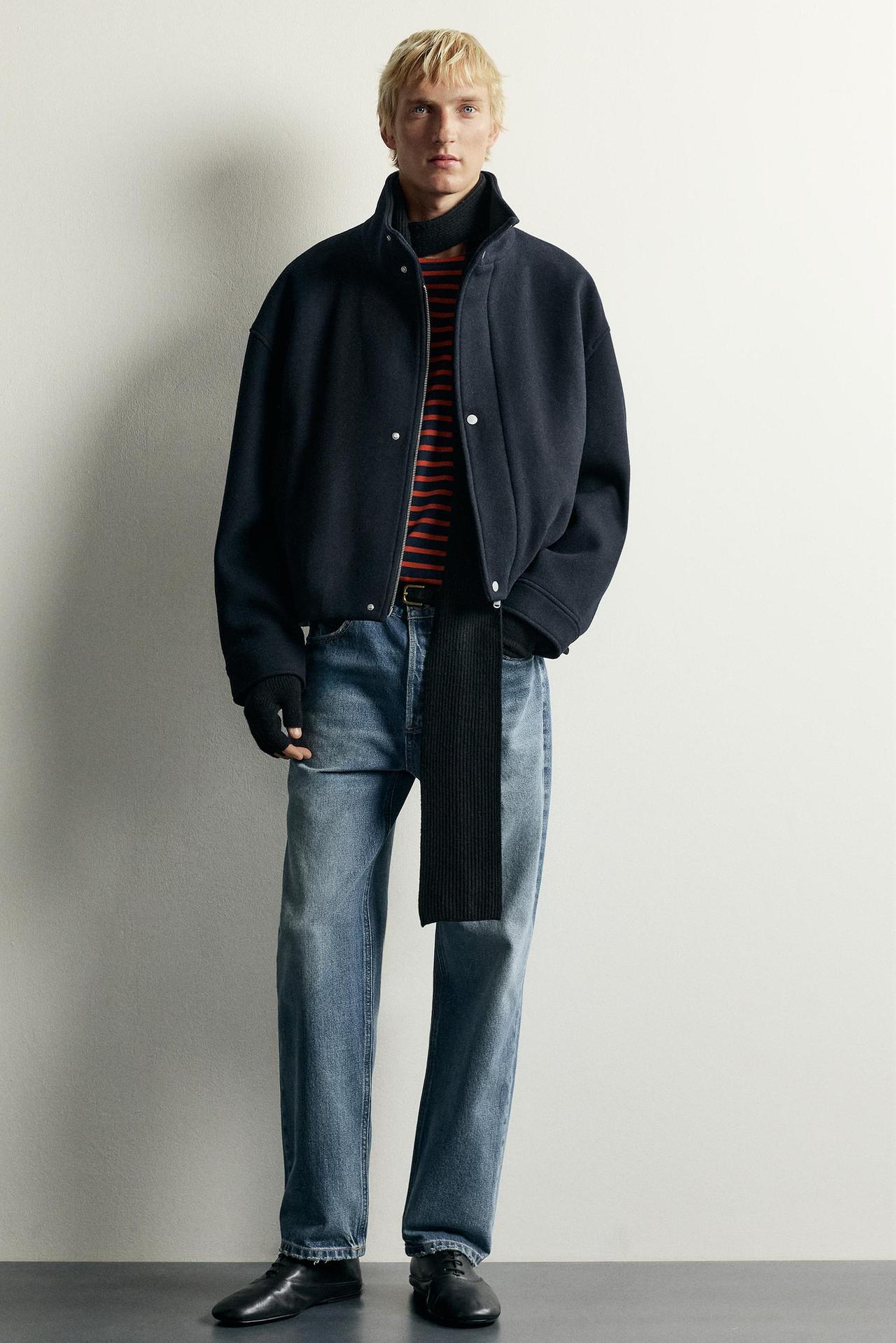CROPPED WOOL-BLEND JACKET — Navy blue