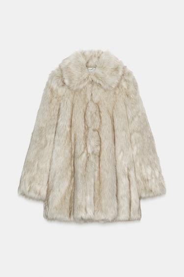 Zara FAUX FUR COAT WITH PADDED SHOULDERS - Ecru / Beige
