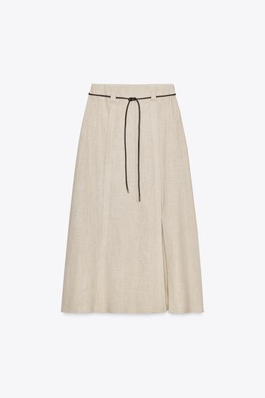 LINEN BLEND MIDI SKIRT WITH BELT - Sand by Zara - Image 3