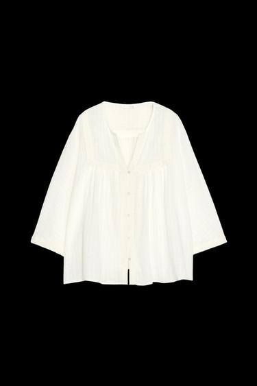 Zara EMBROIDERED WIDE SLEEVE BLOUSE - Oyster-white - Image 0