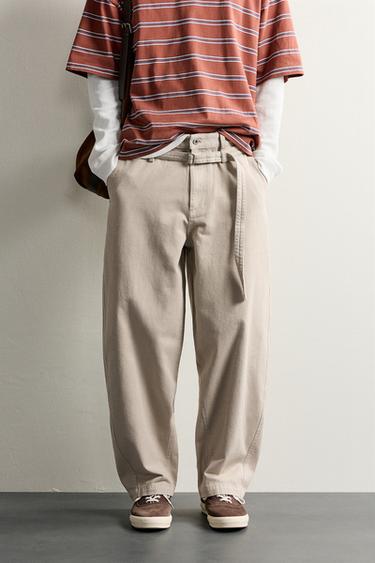 BARREL FIT BELTED TROUSERS - Grey / Tan by Zara