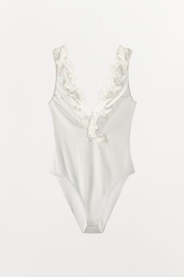 SATIN BODYSUIT WITH EMBROIDERY AND LACE - Oyster-white by Zara