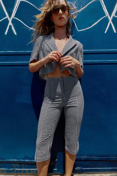 GINGHAM CHECK CAPRI TROUSERS - Navy / White by Zara