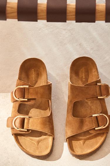 FLAT LEATHER SANDALS WITH BUCKLES - Brown by Zara - Image 0