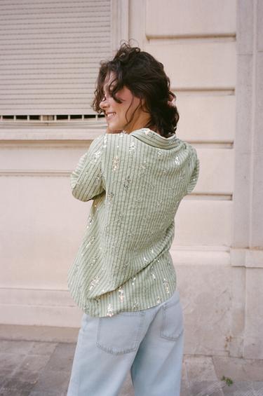 STRIPED SEQUIN SHIRT - Mid-green by Zara