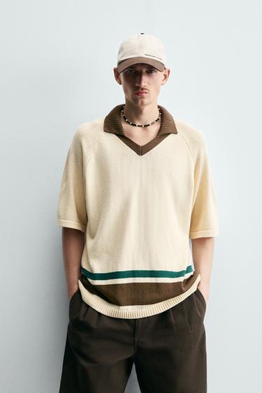 CONTRAST STRIPED KNIT POLO SHIRT - Ecru by Zara
