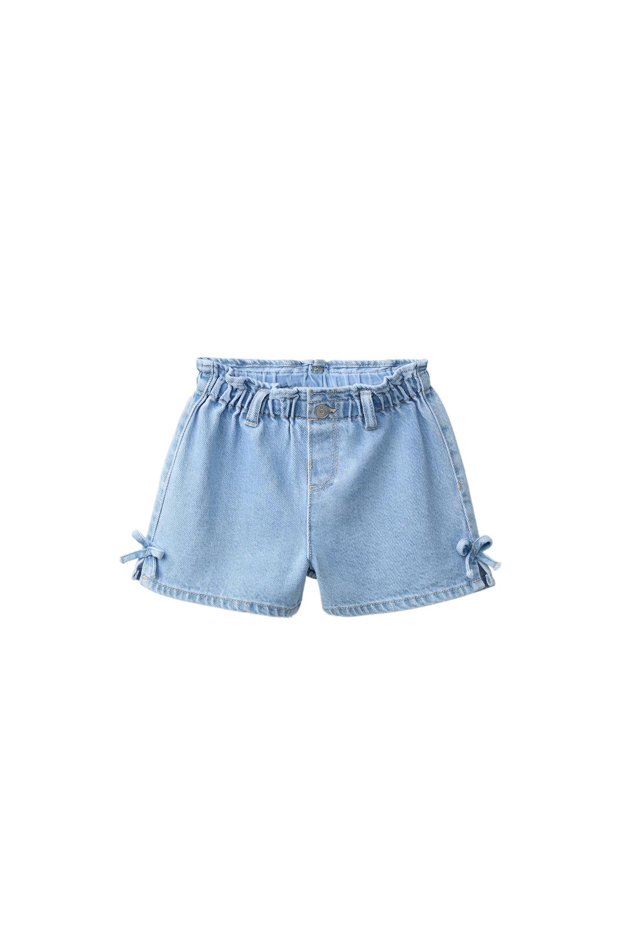 DENIM SHORTS WITH BOWS — Mid-blue