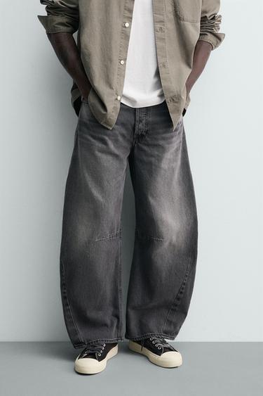 JEANS RELAXED BARREL FIT PINZAS - Gris de Zara