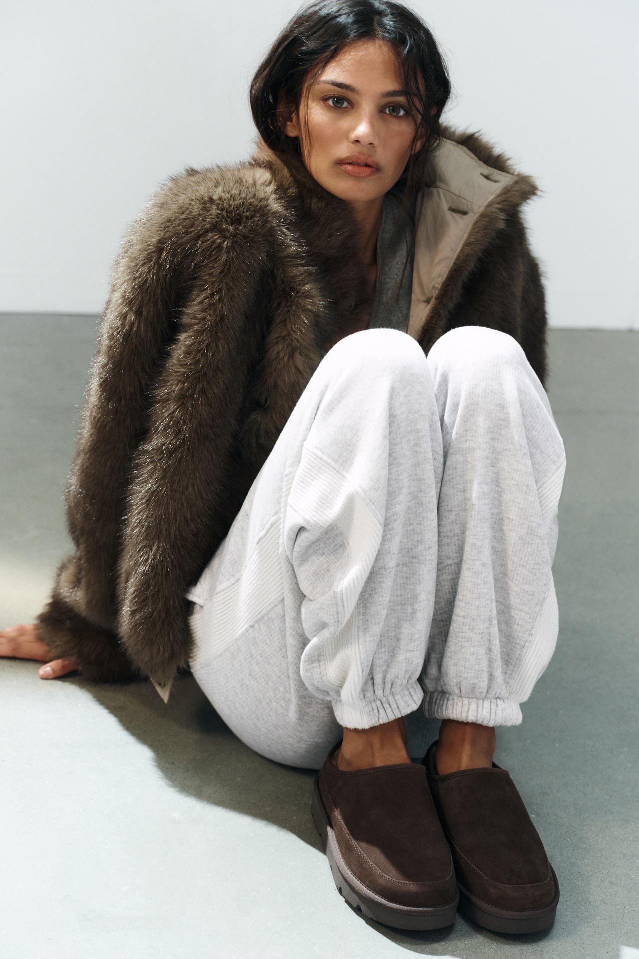 LEATHER MULE WITH FAUX SHEARLING LINING — Brown