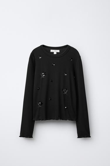 T-SHIRT CÔTELÉ À PAILLETTES - Noir de Zara