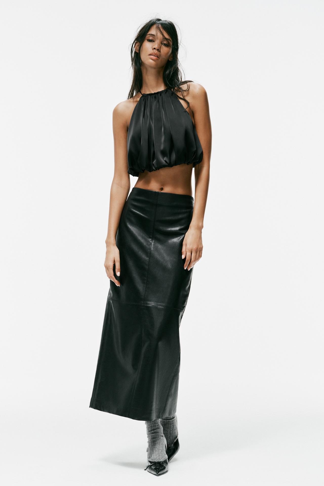 SATIN BALLOON CROP TOP — Black