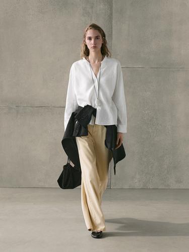 Zara 100% linen stand collar shirt - White - Image 0