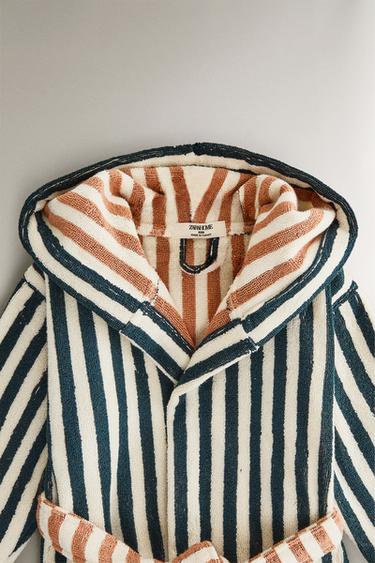 PEIGNOIR ENFANT RAYURES RÉVERSIBLE - Sable / Bleu de Zara - Image 1