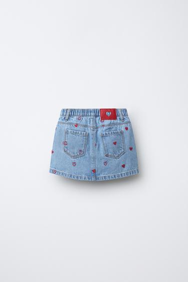 DENIM SKIRT WITH EMBROIDERED HEARTS - Blue by Zara