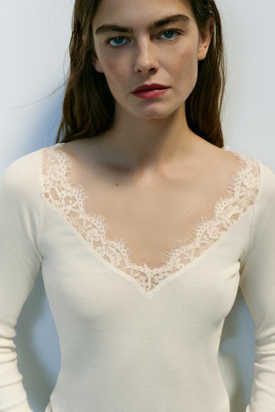 T-SHIRT CÔTELÉ COMBINÉ - Écru de Zara - Image 2