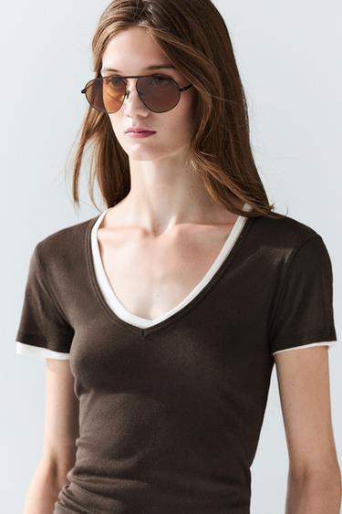 Zara 100% cotton double-layer short sleeve T-shirt - Brown