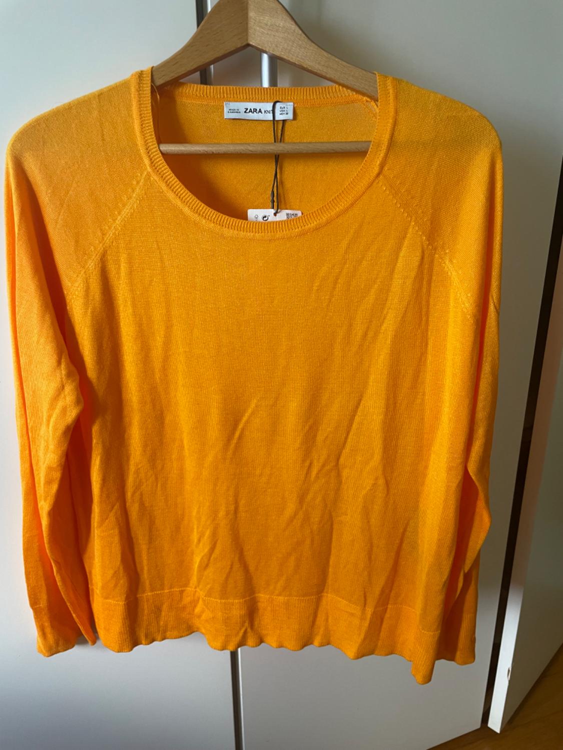 Front view of an orange crew neck, long-sleeved sweater.