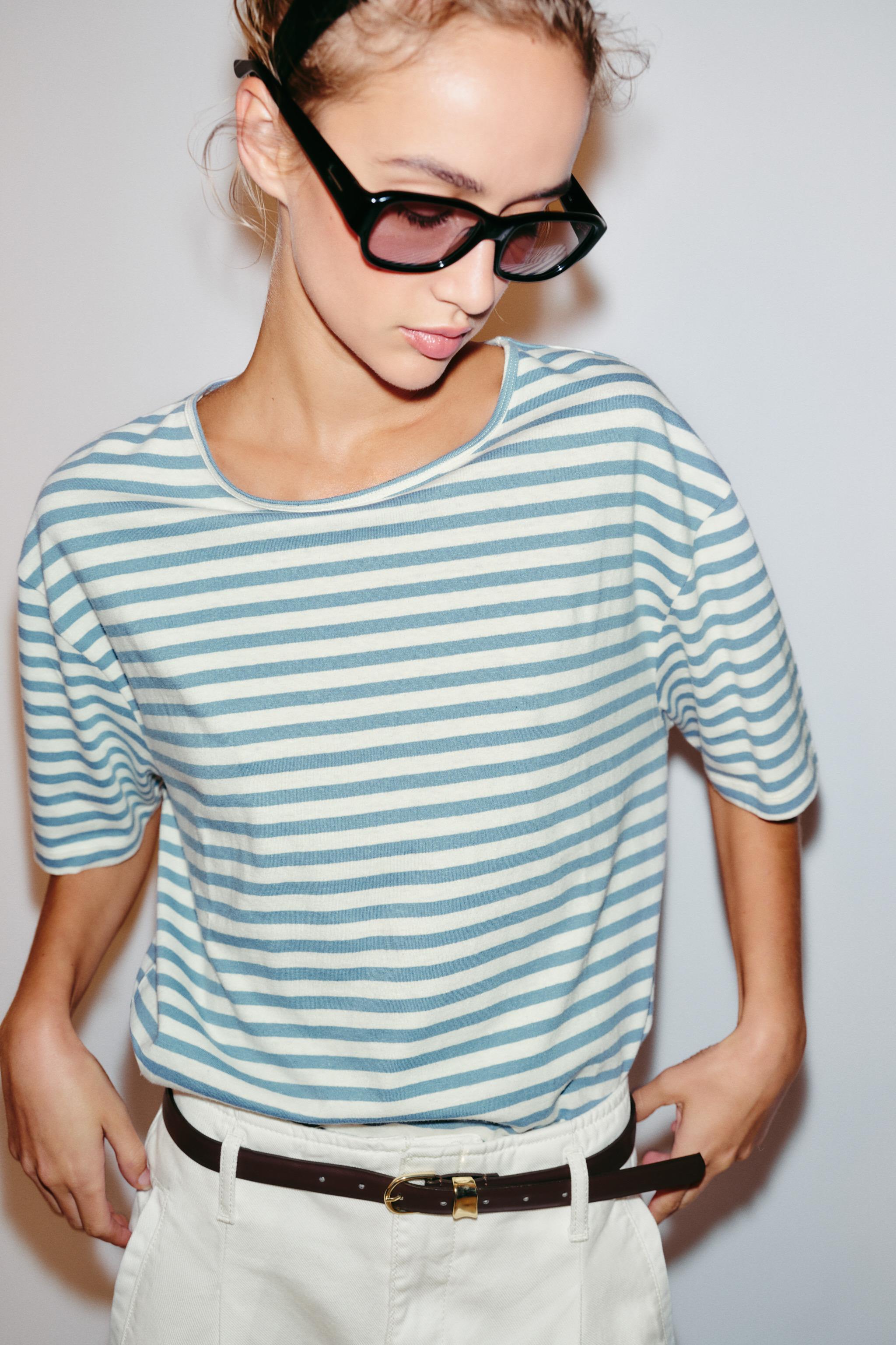 STRIPED SHORT SLEEVE T-SHIRT — Ecru / Blue