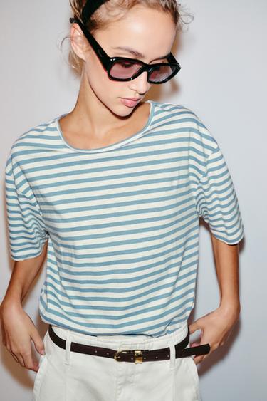 STRIPED SHORT SLEEVE T-SHIRT - Ecru / Blue by Zara