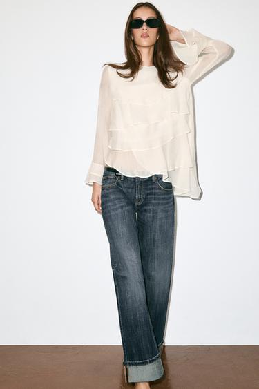 Zara ASYMMETRIC RUFFLE SHIRT - Oyster-white