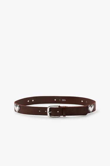 LEATHER HEART STUD BELT - Brown by Zara