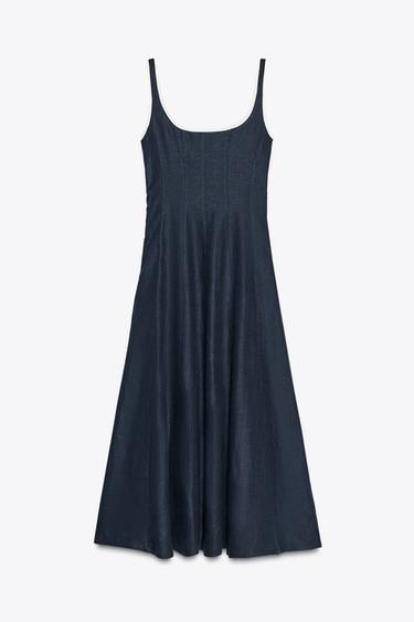 CONTRAST TRIM LINEN MIDI DRESS - Navy blue by Zara - Image 6