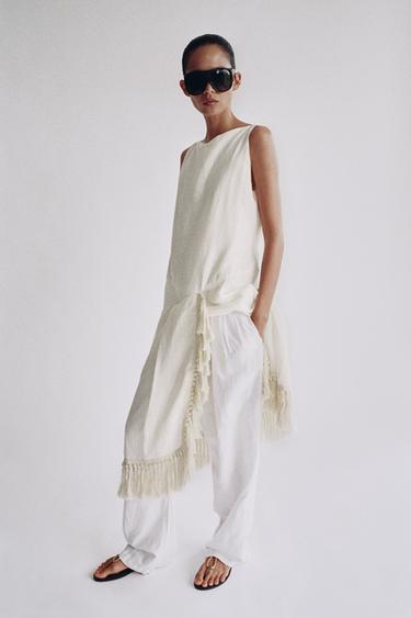 ZW COLLECTION 100% LINEN FRINGED DRESS - Light beige by Zara