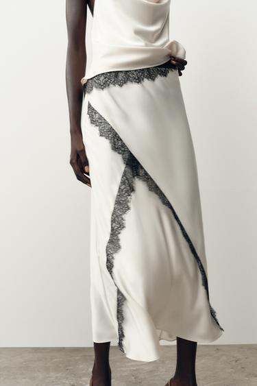 Zara SATIN EFFECT LACE MIDI SKIRT - Ecru