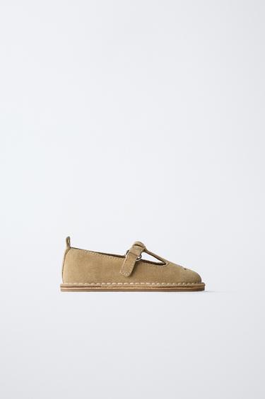 EMBROIDERED LEATHER T-BAR BALLET FLATS - Sand Brown by Zara - Image 0