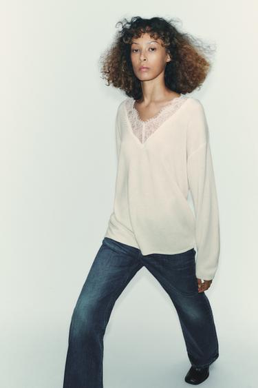 PULL EN MAILLE DENTELLE AVEC LAINE - Écru de Zara - Image 3