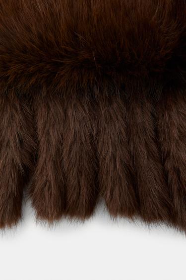 PLAIN FAUX FUR SCARF WITH FRINGING - Brown by Zara - Image 4