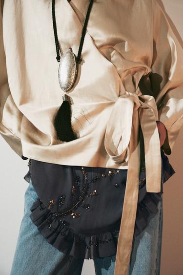 WRAP BLOUSE WITH BOW IN LINEN ZW COLLECTION - Beige by Zara - Image 3