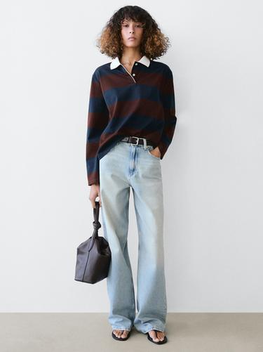 Zara Striped long sleeve cotton polo shirt - Navy blue