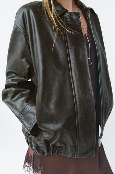 100% LEATHER BOMBER JACKET ZW COLLECTION LIMITED EDITION - Bottle green by Zara