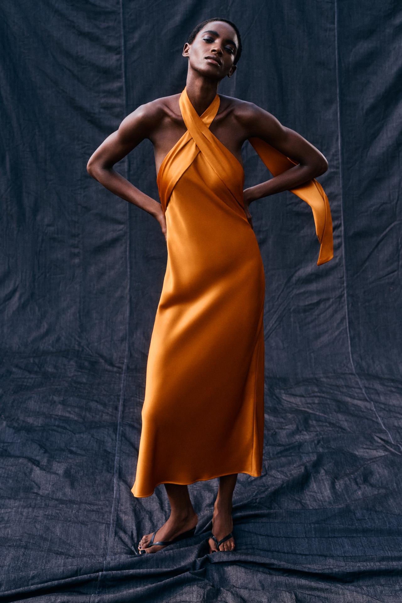 SATIN HALTER MIDI DRESS — Orange