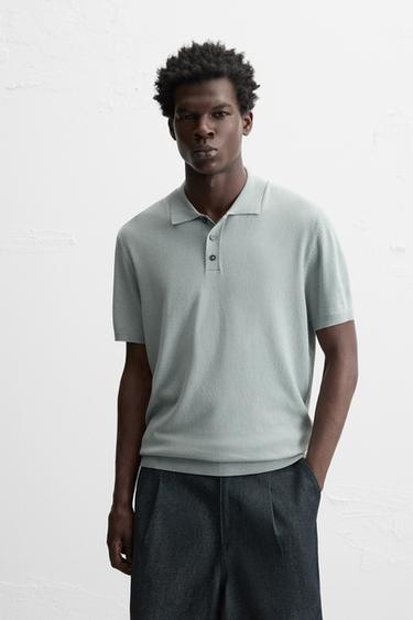 Zara VISCOSE BLEND KNIT POLO SHIRT - Gray / Blue