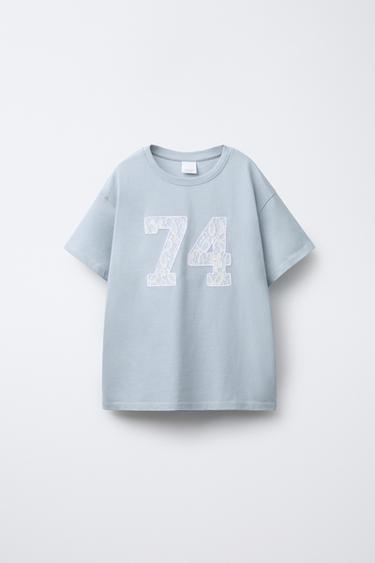 CAMISETA NÚMERO ENCAJE - Celeste lavado de Zara - Imagen 0