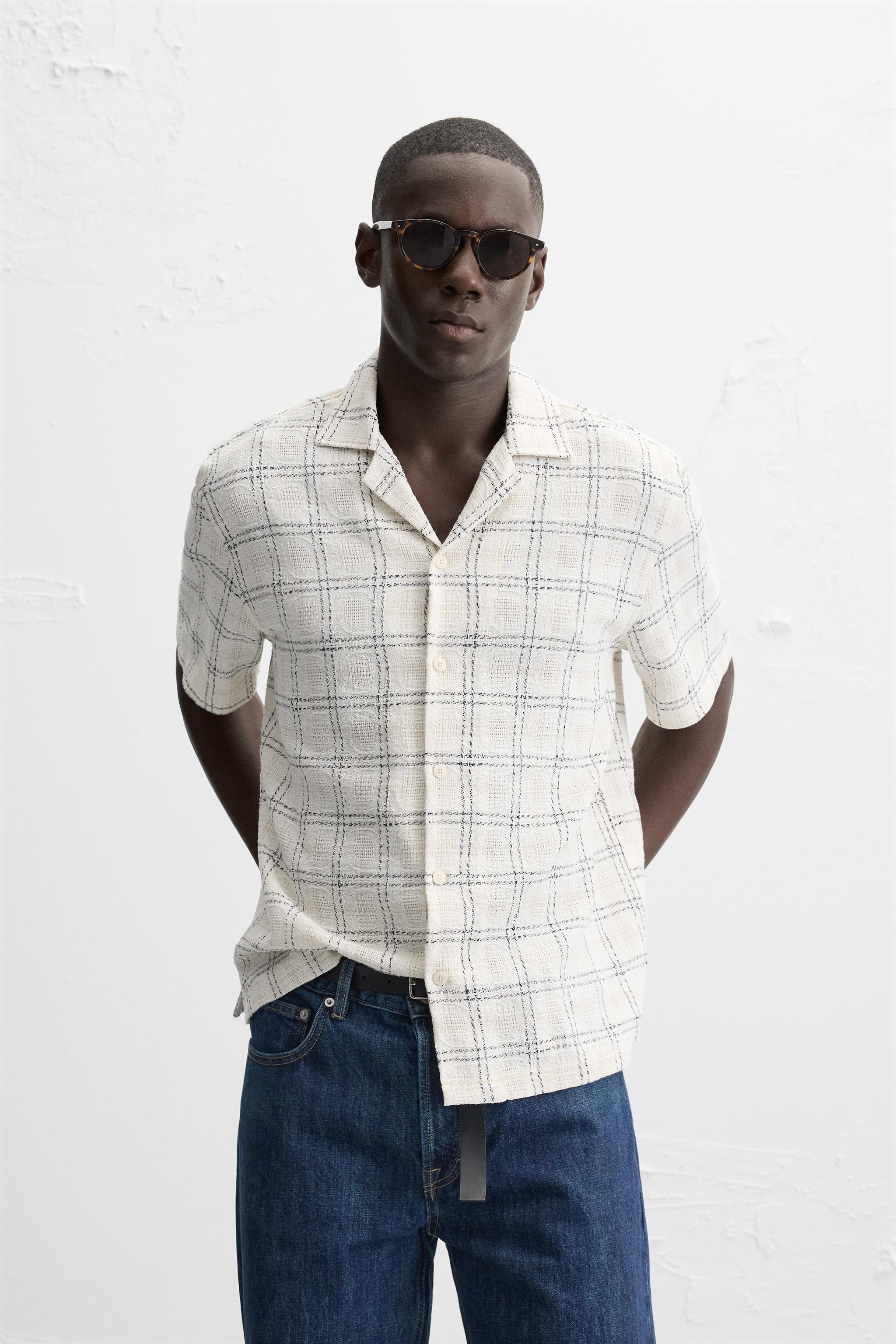 CONTRASTING TEXTURED WEAVE SHIRT - Ecru / Navy | ZARA United