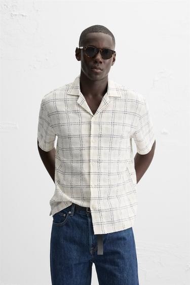 Zara CONTRASTING TEXTURED WEAVE SHIRT - Ecru / Navy